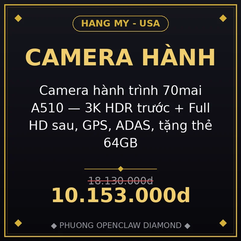 Camera hành trình 70mai A510 — 3K HDR trước + Full HD sau, GPS, ADAS, tặng thẻ 64GB