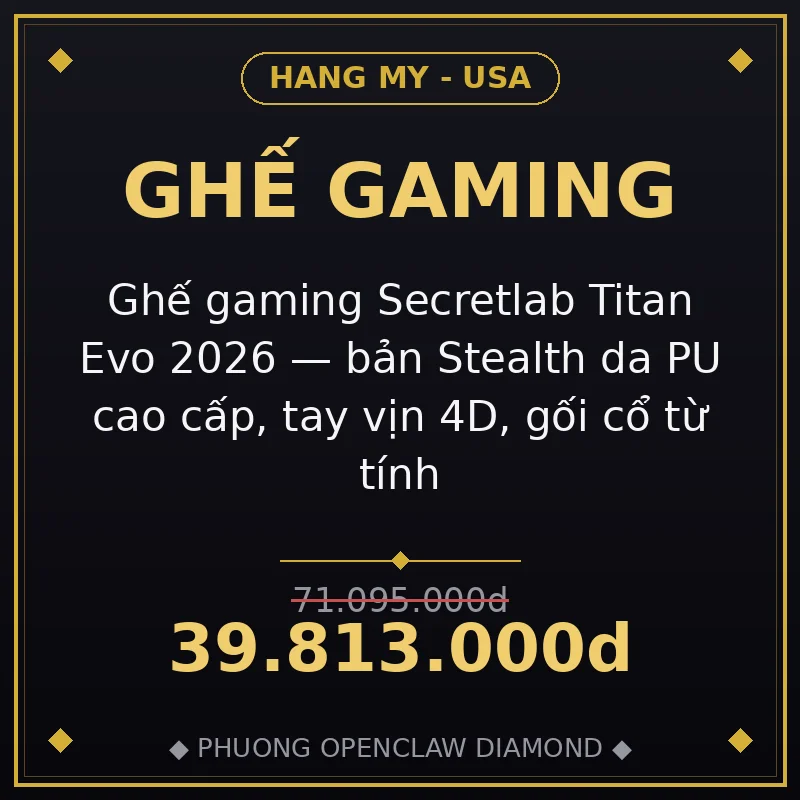 Ghế gaming Secretlab Titan Evo 2026 — bản Stealth da PU cao cấp, tay vịn 4D, gối cổ từ tính