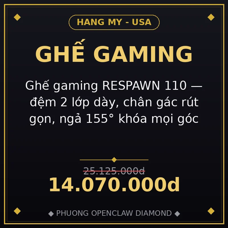 Ghế gaming RESPAWN 110 — đệm 2 lớp dày, chân gác rút gọn, ngả 155° khóa mọi góc